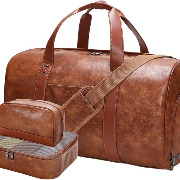 3-in-1 Leather Duffle Bag for Travel with Toiletry Bag and Shoe Compartment, Wee